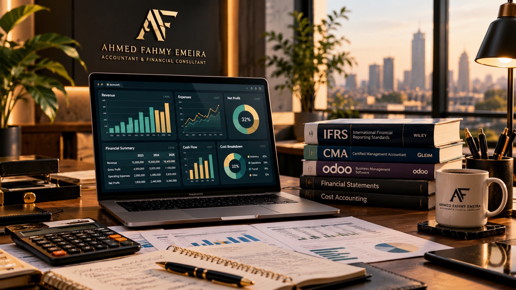 مكتب مالي احترافي مع حاسوب يعرض رسومًا وإحصاءات مالية وكتب IFRS وCMA وOdoo وكوب يحمل شعار AF